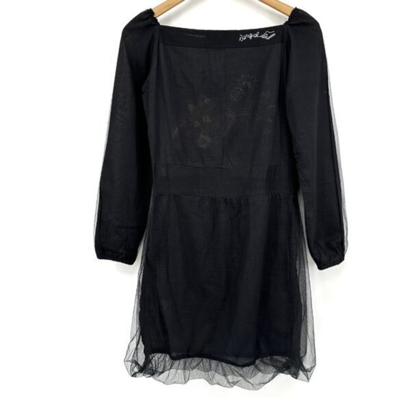 Desigual Black Mesh Floral Embroidered Needlepoint Long Sleeve Small Sheath Dres - Picture 6 of 8